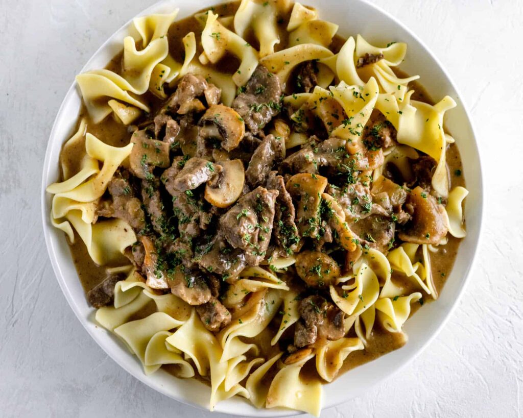 Beef stroganoff with a rich beef gravy and egg noodles