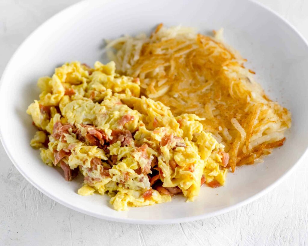 scrambled eggs and lox with hash browns