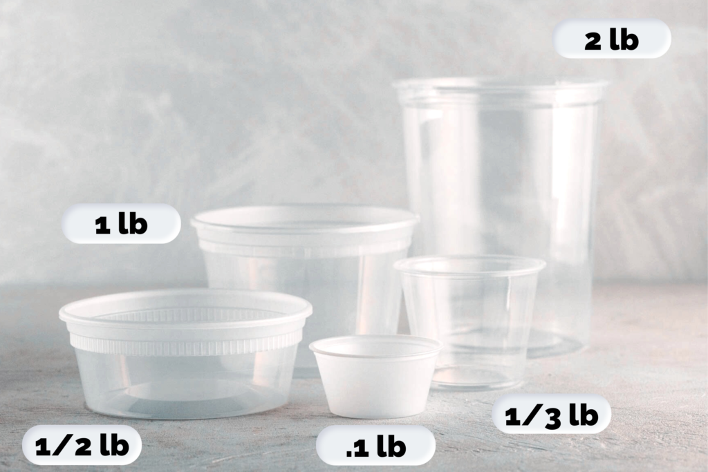 5 different sizes of plastic deli containers to compare sizes